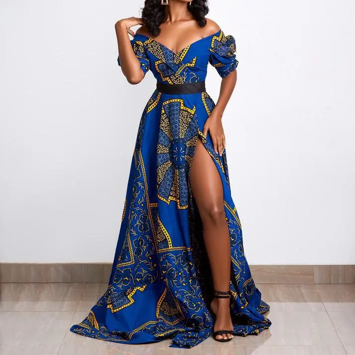 Women's Elegant Short Sleeve Wrap Chest Print Slit Dress