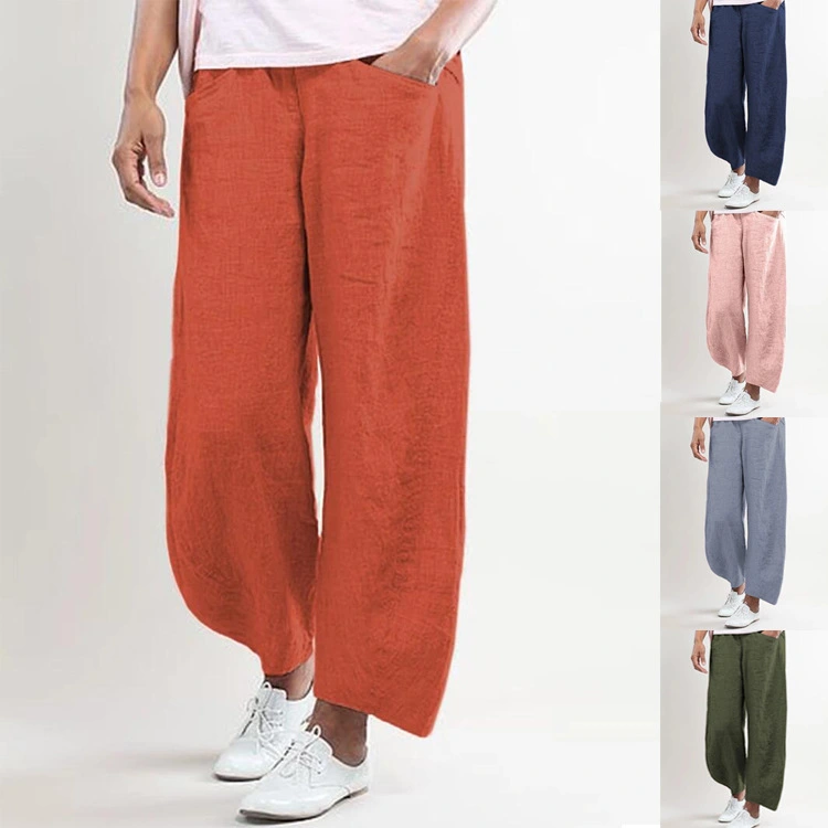 Cotton and linen solid straight pants