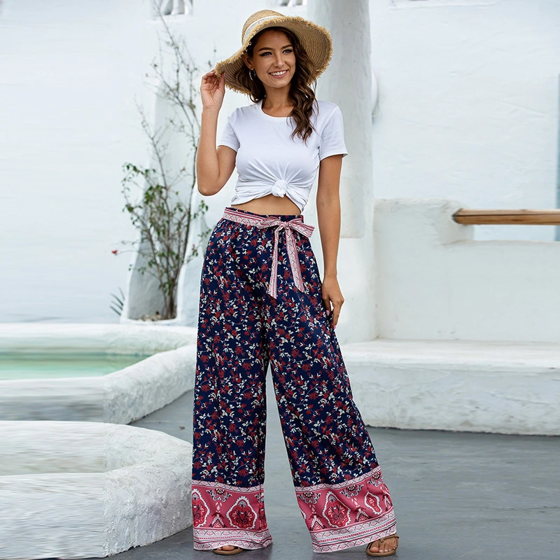 European and American loose printed wide-leg pants