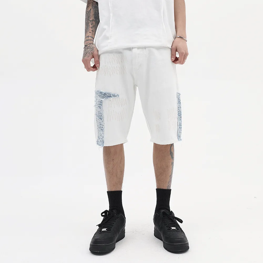 Contrast Panel Embroidered Denim Shorts Men's