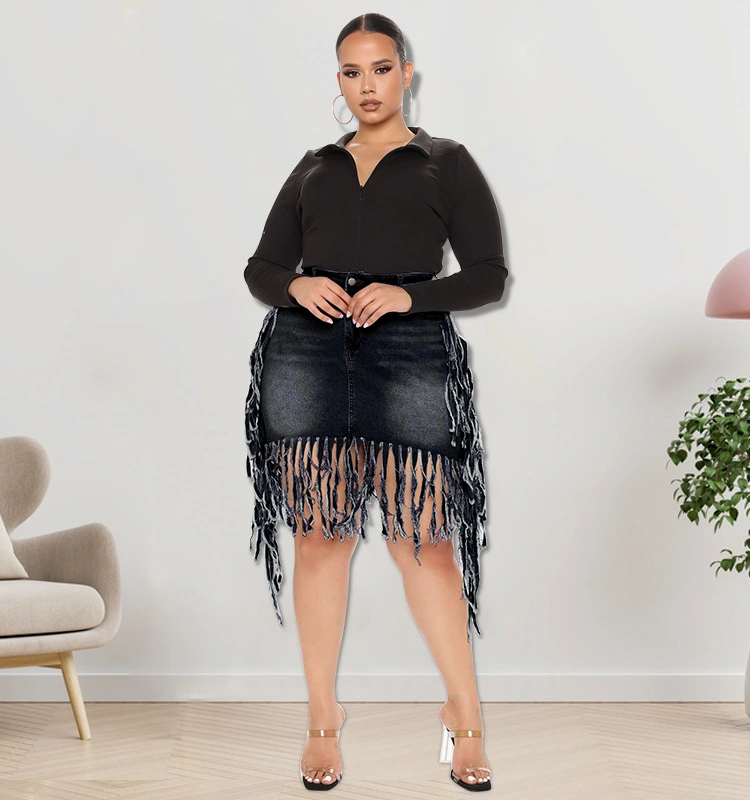 Women's Spring Denim Skirt With Fringe