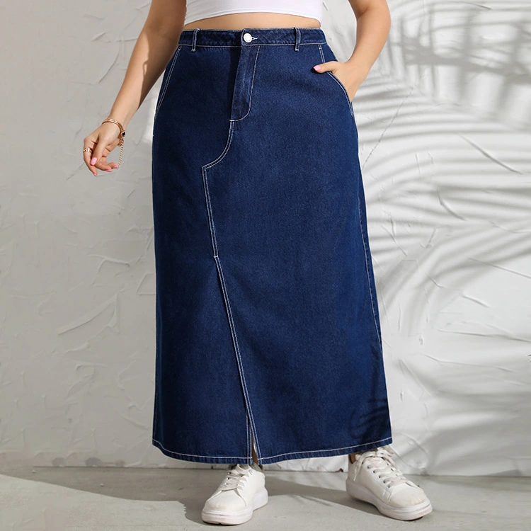 European And American Stitching Blue Slim Denim Long Skirt Women