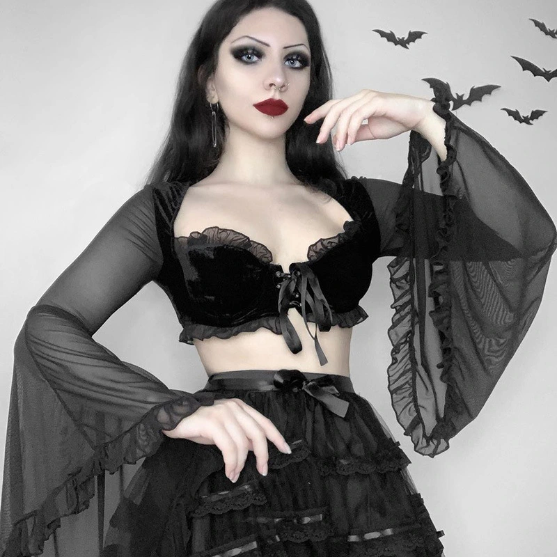 New Chiffon Flared Lace Patchwork Tube Top Long Sleeve Shirt