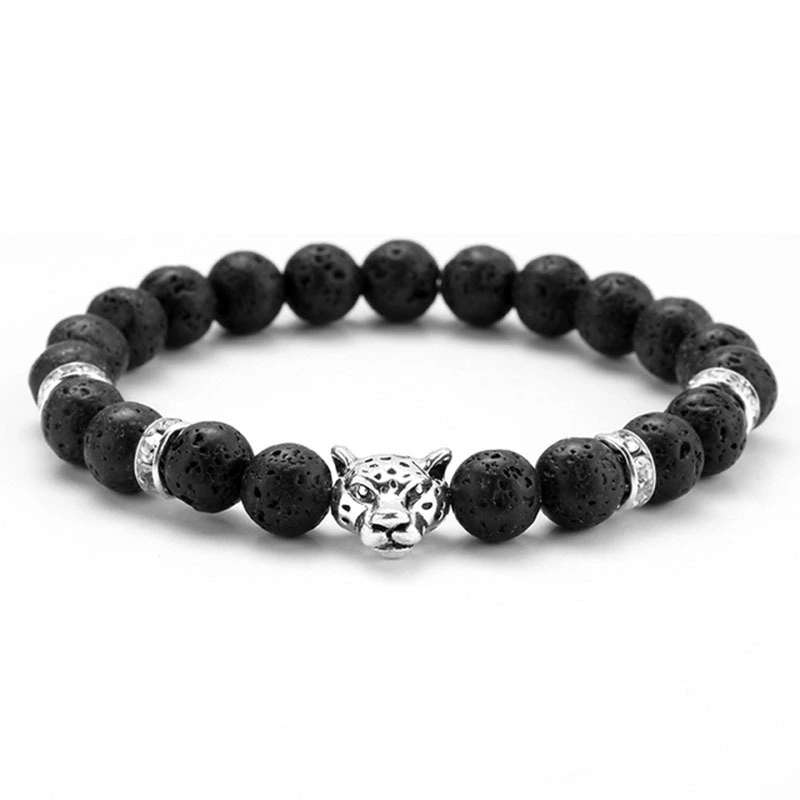 8mm Volcanic Stone Onyx Alloy Leopard Head Beaded Bracelet