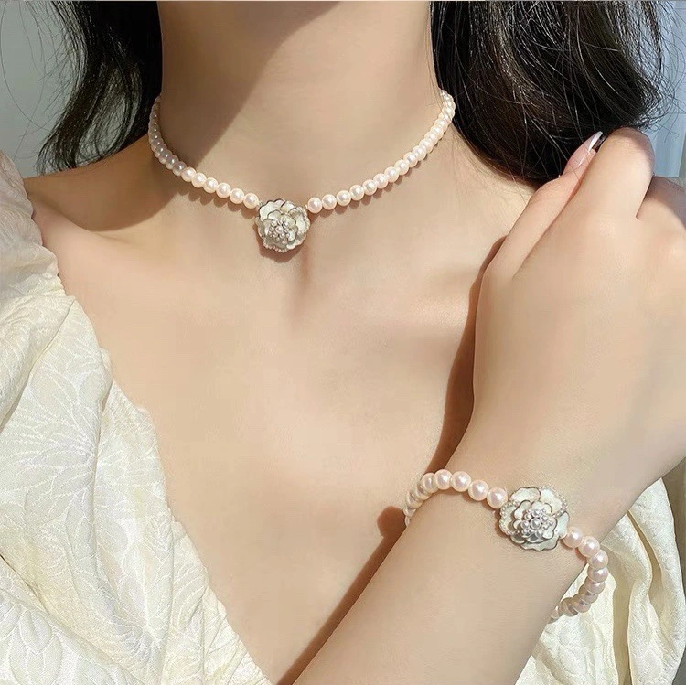 Women's New Light Luxury Camellia Ear Stud Pearl Necklace Bracelet