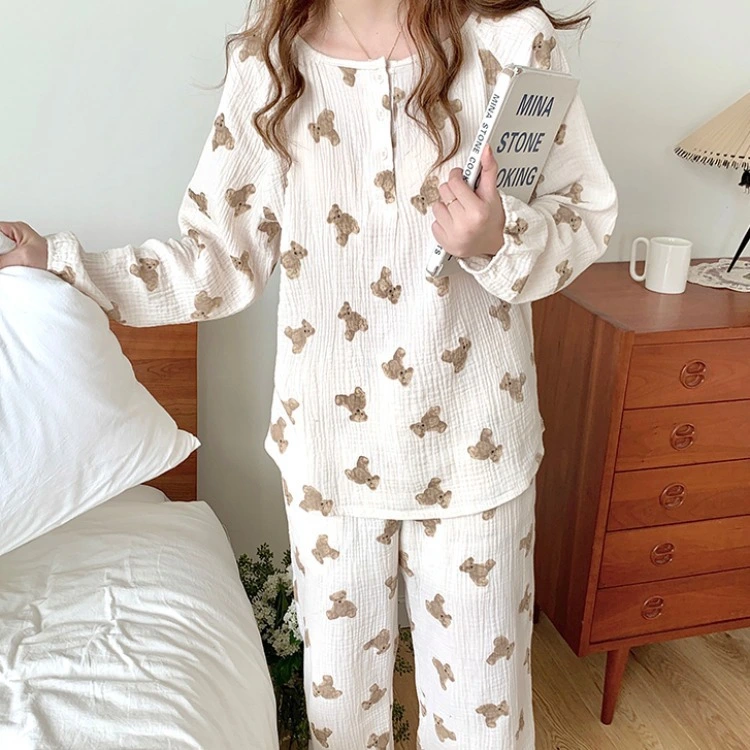 Women's Loose Cotton Yarn Long Sleeve Trousers Pajamas Homewear Suit