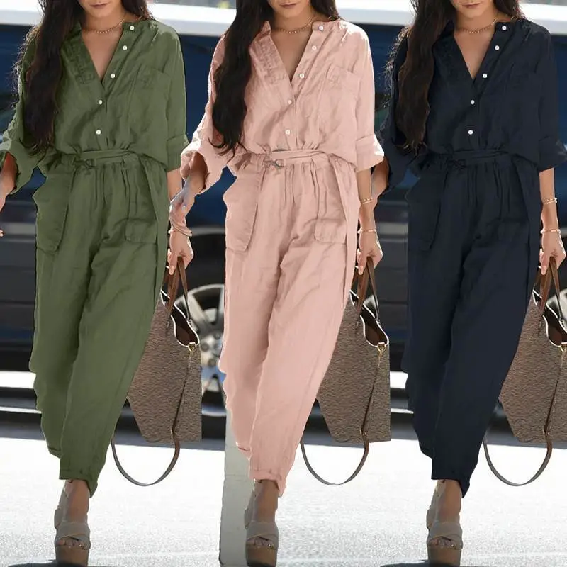 European And American Women's Casual Lapel Print Belt Overalls