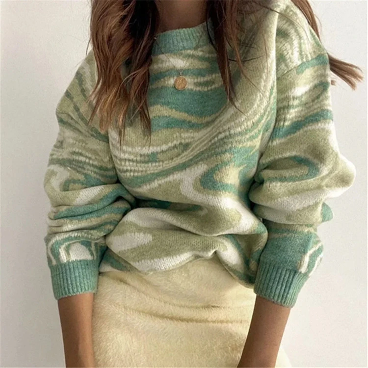 Round Neck Fashion Tie-dye Printed Pullover Sweater Women