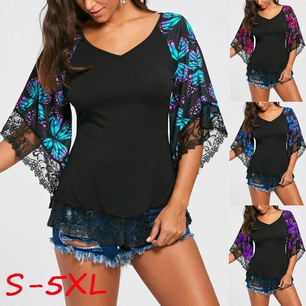 New Printed Short Sleeve Lace Panel V-Neck T-Shirt