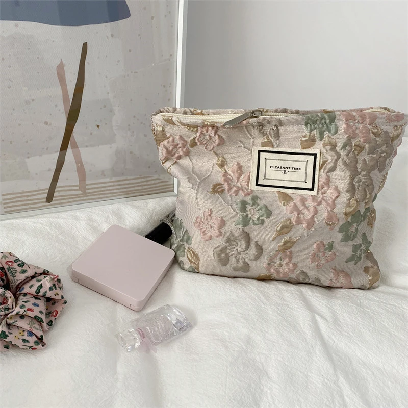 Simple French Embossed Flower Cosmetic Bag