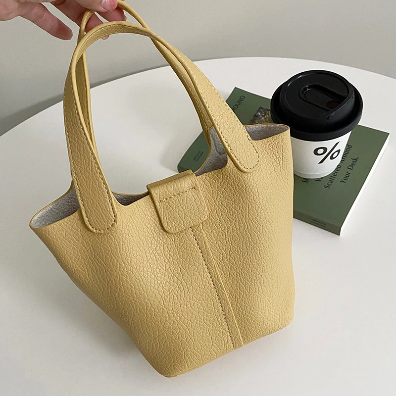 Solid Color Simple Casual Lychee Pattern Soft Leather Handbag