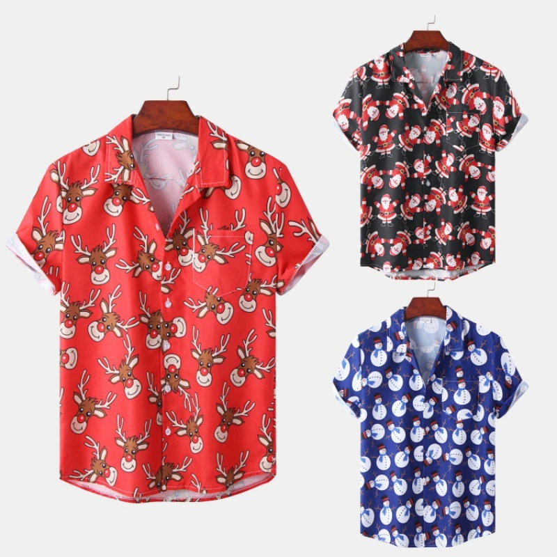 Christmas Ice Silk Digital Print Short Sleeve Floral Shirt