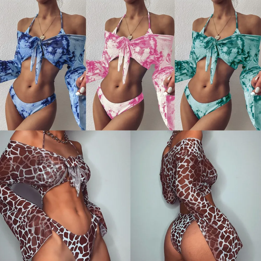 Long sleeve three piece leopard print bikini