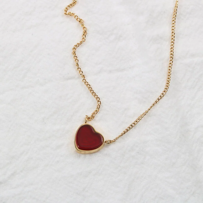 Red Chalcedony Heart Titanium Steel Necklace