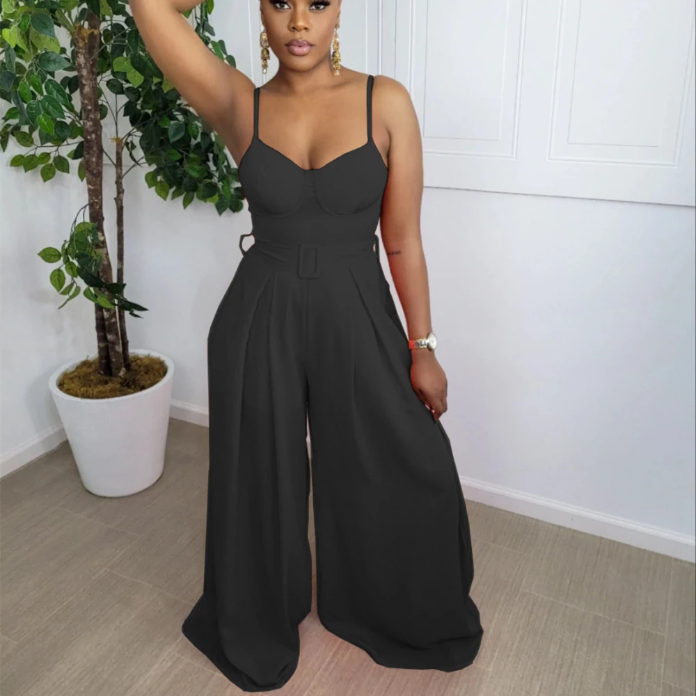 Fashion Solid Color Suspender Wide Leg Ladies Jumpsuit