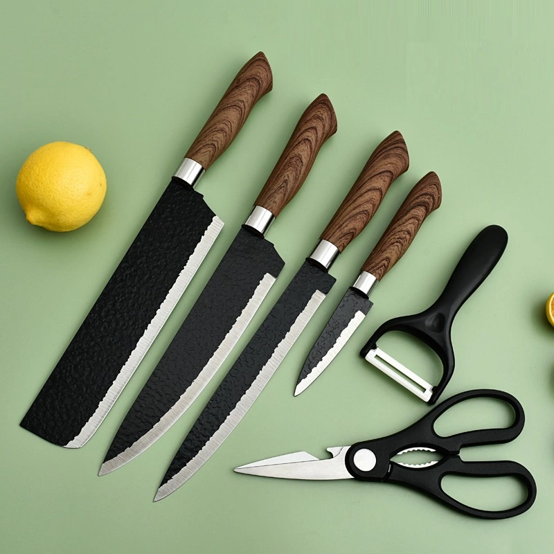 Hammer Pattern Six-piece Black Steel Forged Paint Stainless Steel Kitchen Knife Set