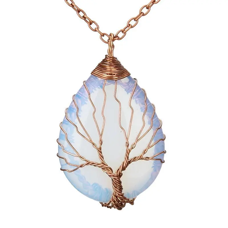 Large Rose Gold Drop Winding Pendant Necklace Natural Stone Pendant Necklace Handmade Life Tree Ornament