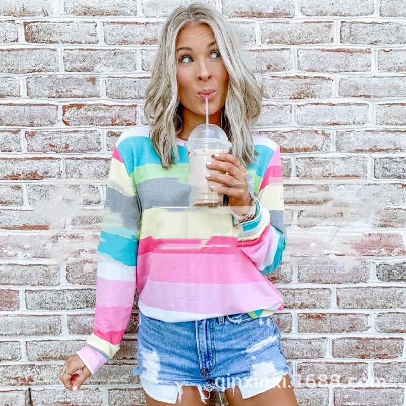 Spring And Autumn Fashion Printed Tie-dyed Round Neck Long Sleeve Color Stripes Women's Top
