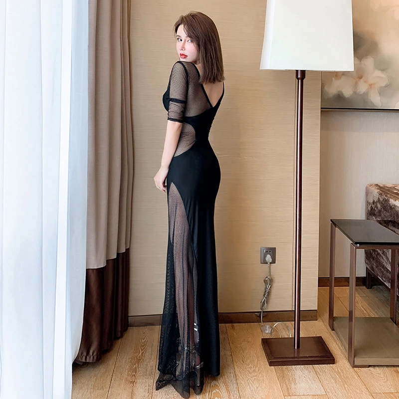 Perspective Long Mesh Low-cut Dress