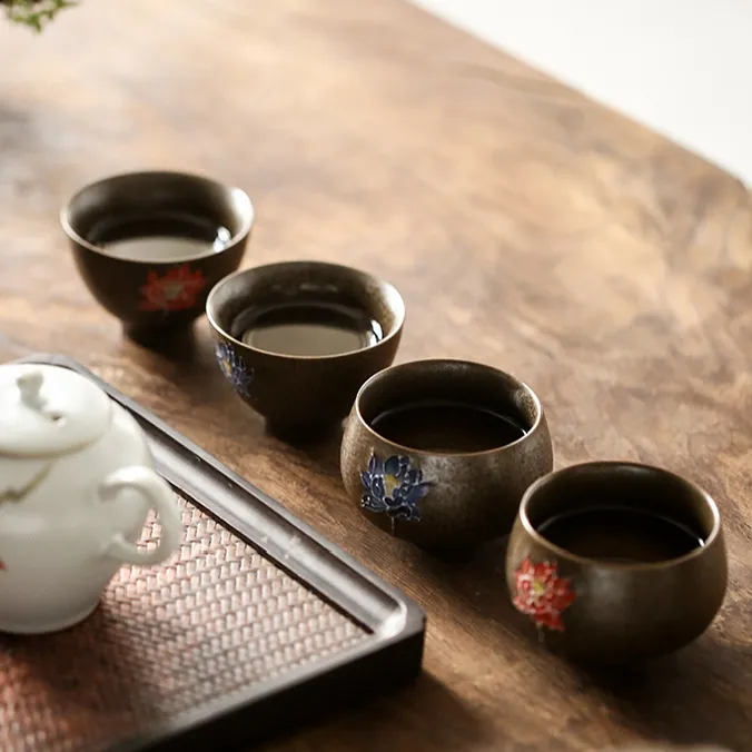 Handmade Relief Lotus Tea Cup Ceramic Kung Fu Set