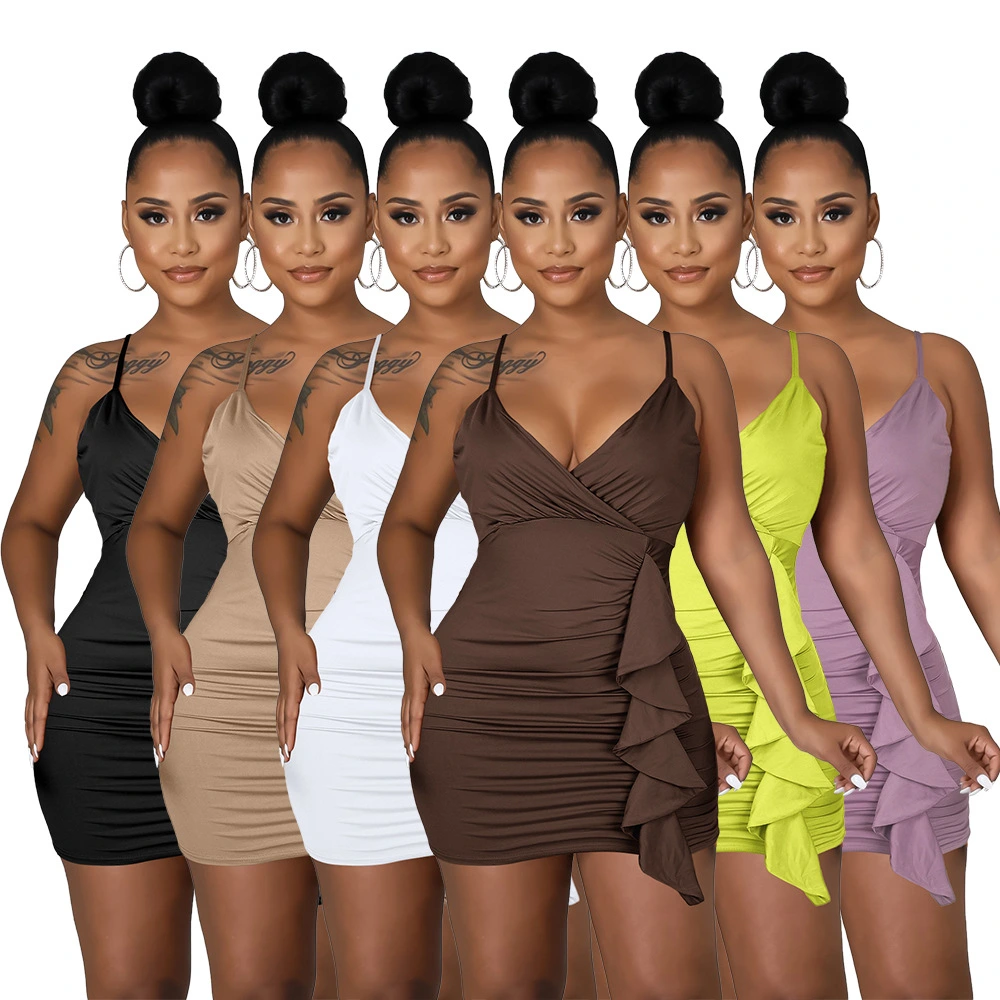 Women's Temperament Fashion Ruffle V-neck Halter Package Hip Dress