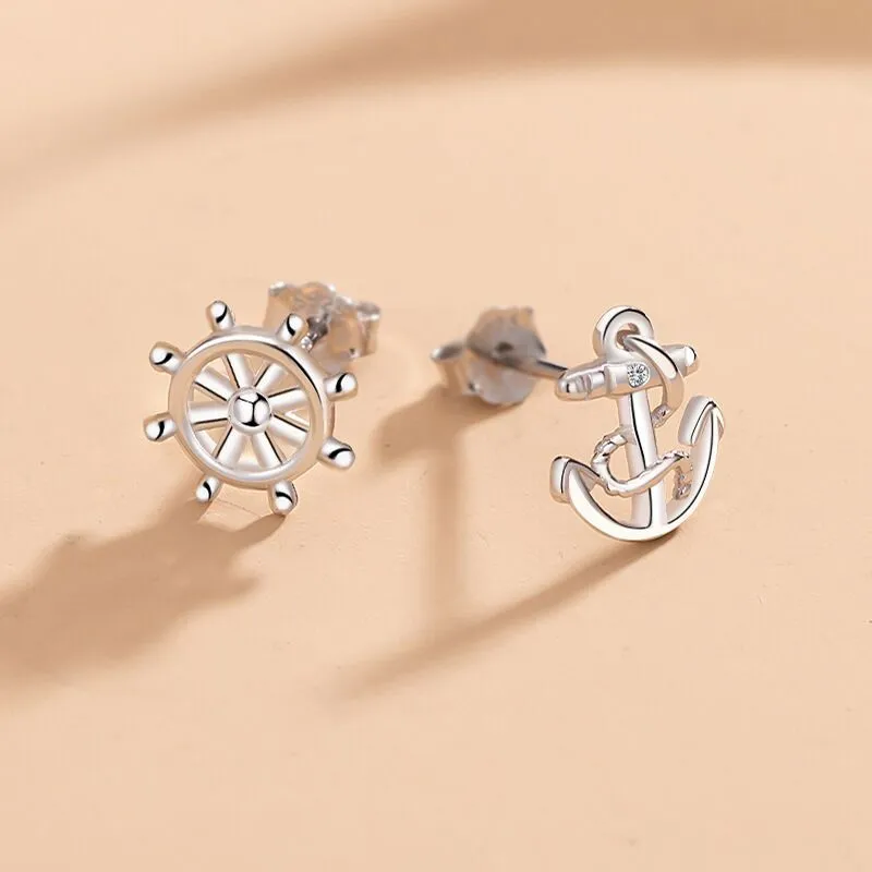 925 Silver Ear Nail Female Fashion Ship Anchor Rudder Asymmetry