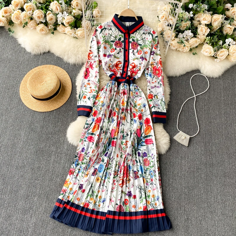 Women's Pleated Printed Dress Long Skirt