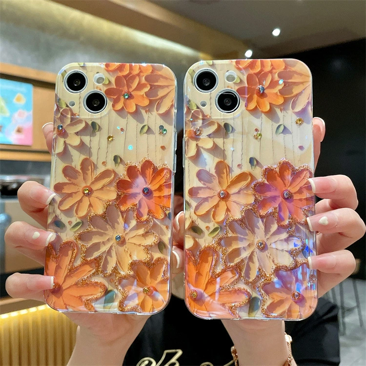 Yellow Oil Painting Flowers Phone Case Rhinestone Epoxy