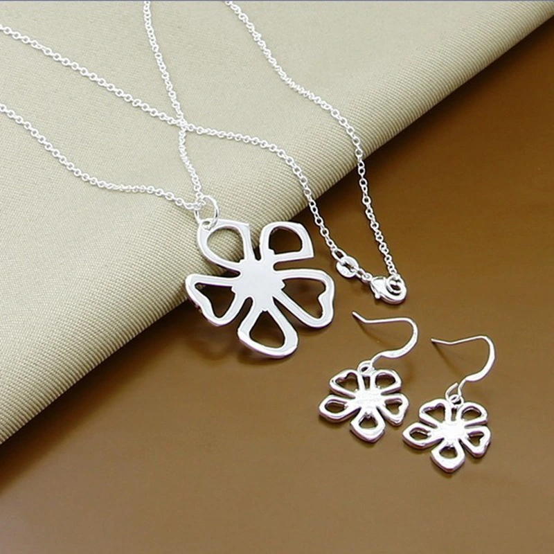 Silver Plated Five Leaf Flower Necklace Earrings Set