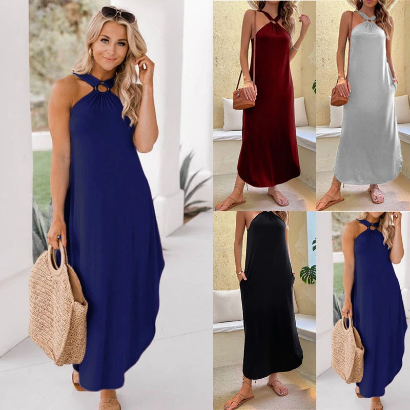 Off-shoulder Hanging Neck Casual Comfortable Long Pocket Dress