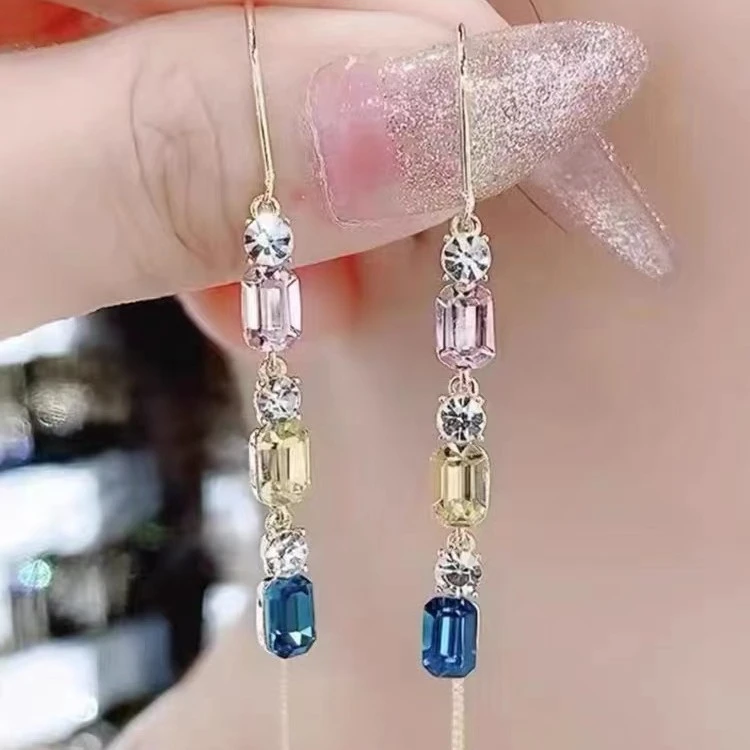 Earring Colored Diamond-encrusted Geometric Tassel Anti-ear-dropping Line Female