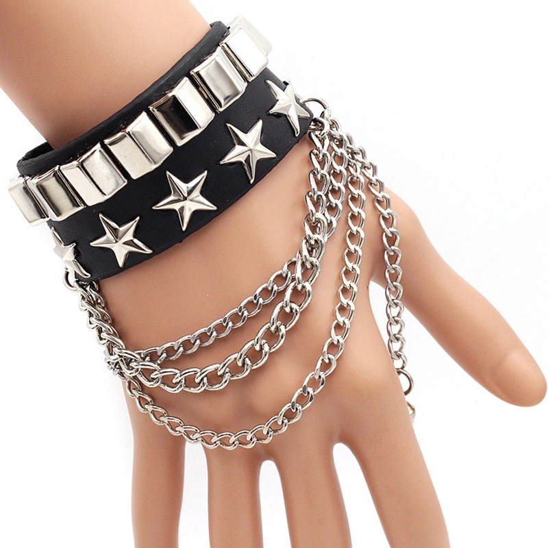 Rivet Star Pentagram Wrap Silver Multi-layered Chains Leather Bracelet Women Pentagram Wrap Bracelet Wristband For Women Hip Hop Jewelry