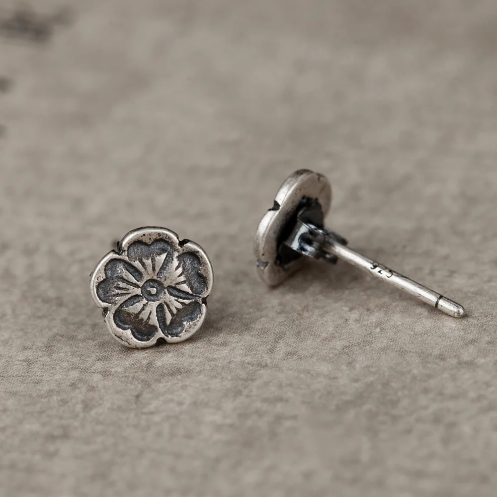 Dark Dream 925 Silver Rose Shaped Stud Earrings Vintage Silver Jewelry