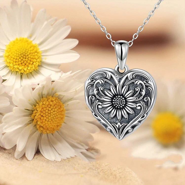 Double-sided Photo Couple Pendant Sunflower Carved Peach Heart Engraved Word Necklace