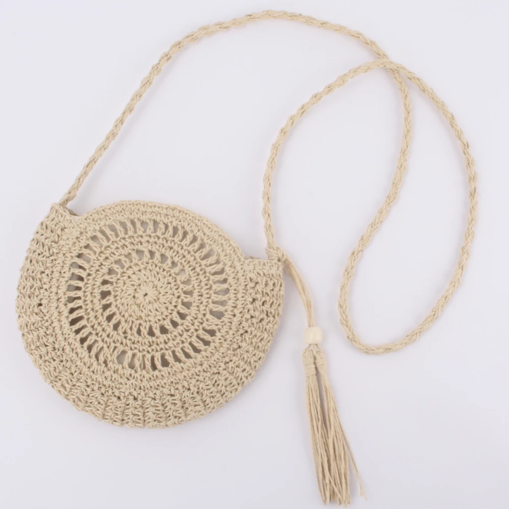 Women's Hand Crocheted Round Straw Tassel Crossbody Woven Bag