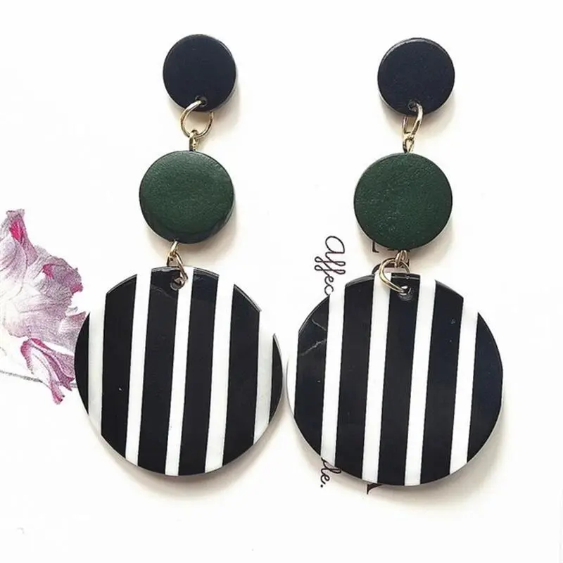 Black White Big Round Earrings For Women Long Dangle