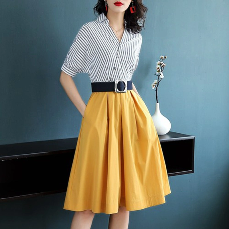 Fashion Striped Contrast Shirt Skirt