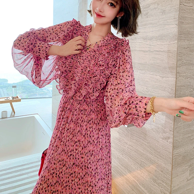Ladies Fungus Lace V Neck Printed Long Sleeve Dress