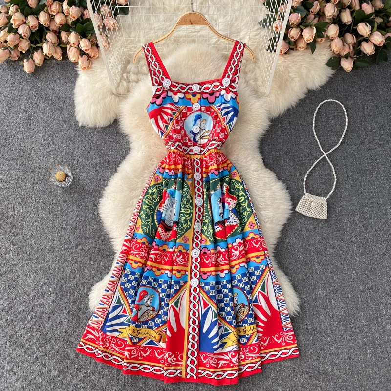 Fashion Square-neck Suspender Women's Printed Dress