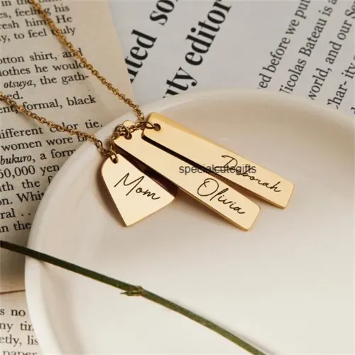 Laser Name Heart Rectangle Pendant Necklace