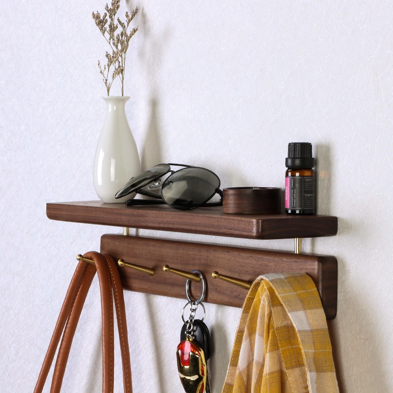 Nordic Style Solid Wood Hanger Japanese Style Entrance Brass Hook Hallway Wall Shelf Black Walnut Coat Hook