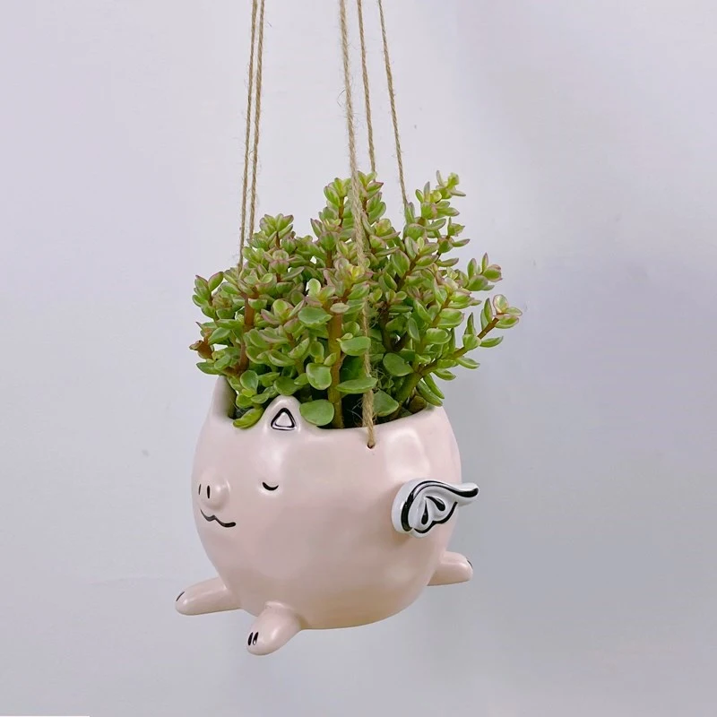 Matte Little Flying Pig With Hemp Rope Hanging Breathable Vase