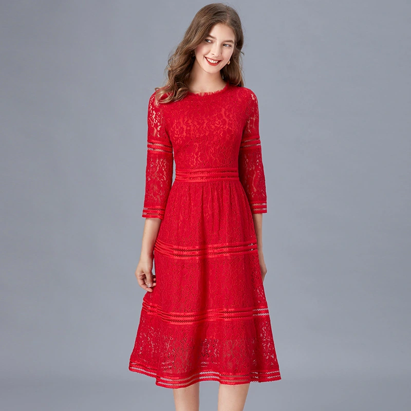 Women's Short-sleeved Lace Dress Women's Mid-length Waist A-line Skirt