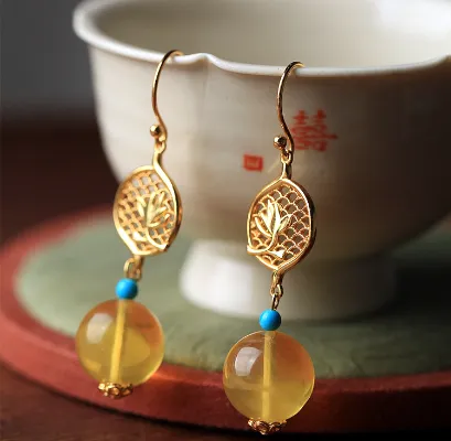 Sterling Anemone Gold Plated Natural Bewaxed Amber Earrings