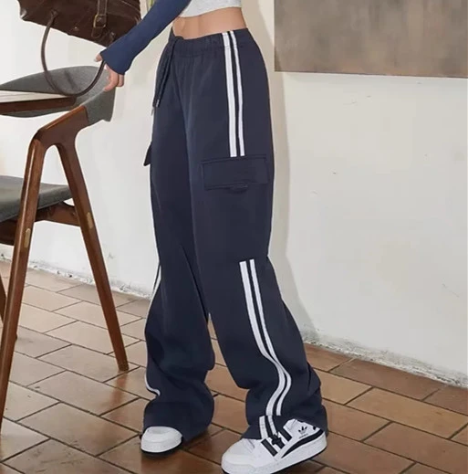 Side Stripe Stitching Women's Drawstring Pocket Casual Pants Bundle Feet