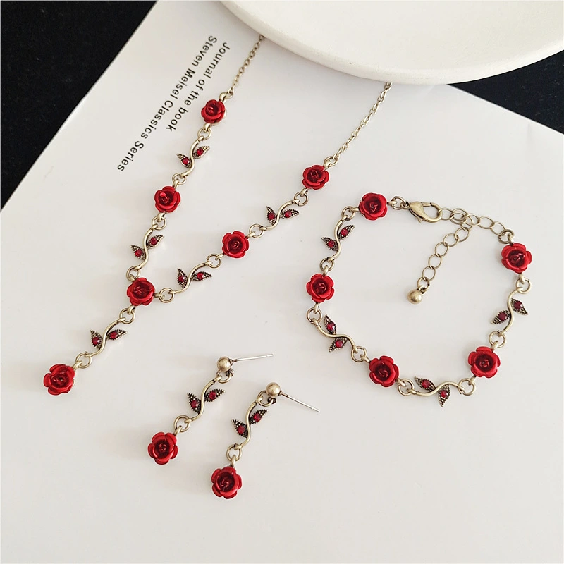 Women's Fashion Vintage Rose Flower Bracelet Necklace Earrings Set