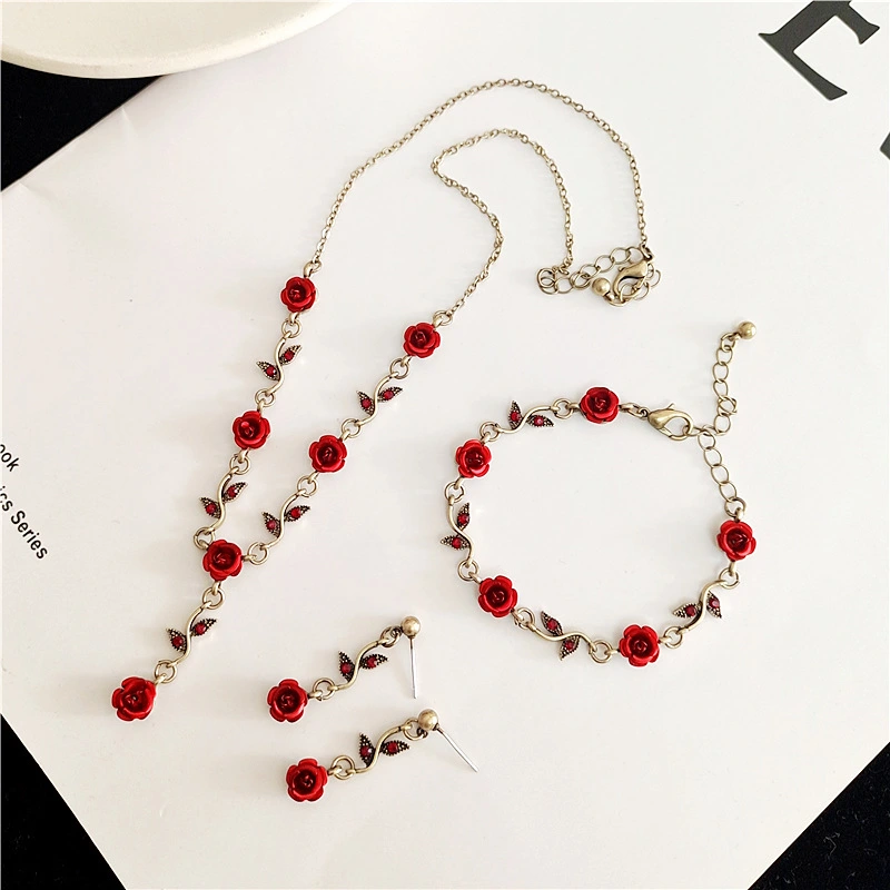 Women's Fashion Vintage Rose Flower Bracelet Necklace Earrings Set