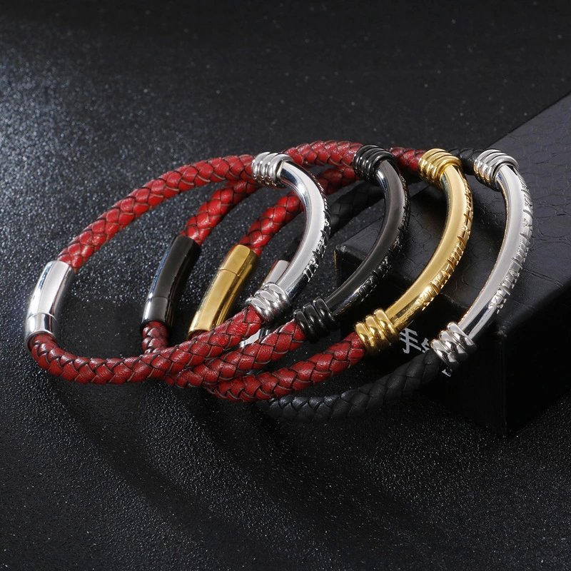 Simple Leather Rope Braided Fashion Men's Bracelet Stainless Steel