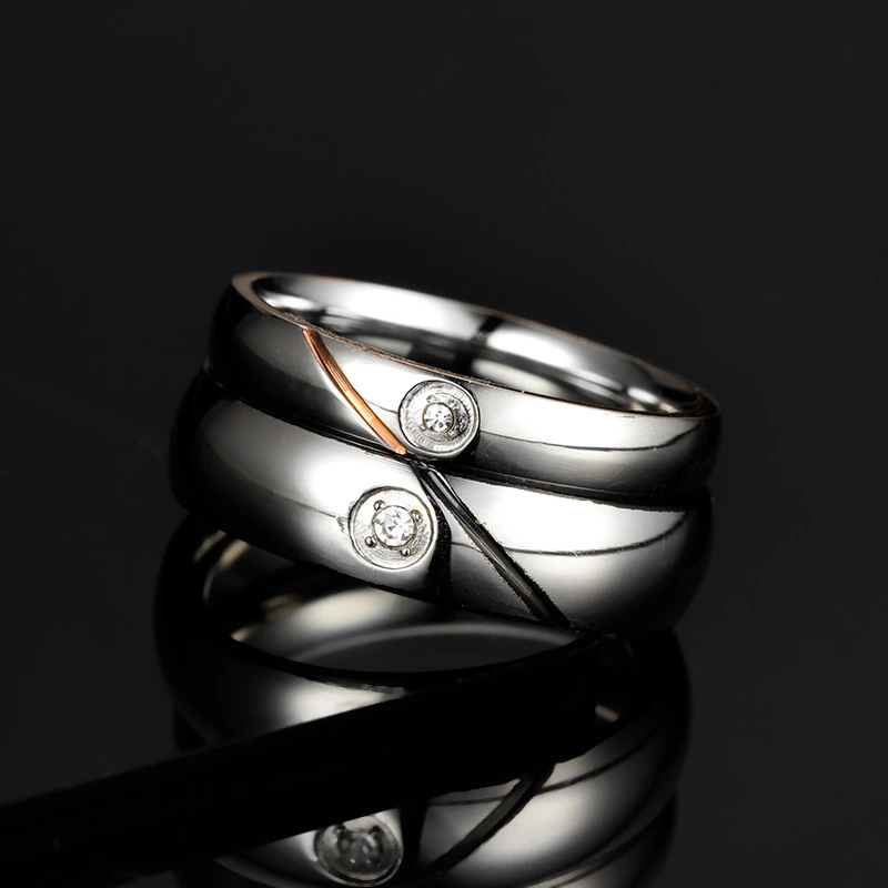 Stainless Steel Couple Ring With Diamond Style