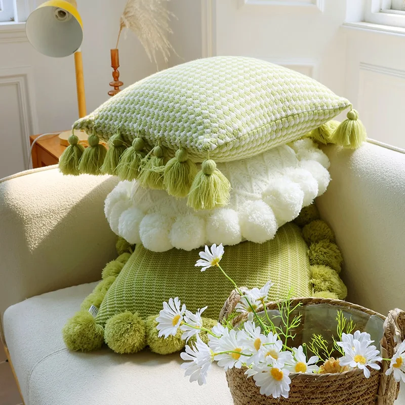 Mint Green Knitted Tassel Pillowcase Sofa